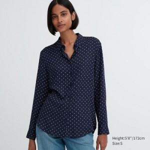 Blouse Uniqlo Rayon Printed Long-Sleeve Mujer Azul Marino | 816529_PE