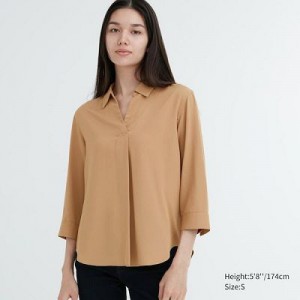 Blouse Uniqlo Rayon Skipper Collar 3/4-Sleeve Mujer Beige | 842571_PE