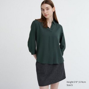 Blouse Uniqlo Rayon Skipper Collar 3/4-Sleeve Mujer Verde | 473029_PE