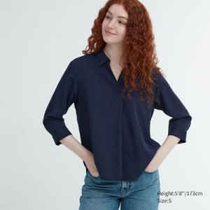 Blouse Uniqlo Rayon Skipper Collar 3/4-Sleeve Mujer Azul Marino | 675908_PE