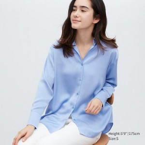 Blouse Uniqlo Satin Long-Sleeve Mujer Azules | 398675_PE