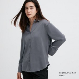 Blouse Uniqlo Satin Long-Sleeve Mujer Gris | 790142_PE