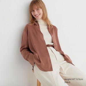 Blouse Uniqlo Satin Long-Sleeve Mujer Marrones | 956812_PE