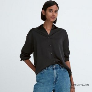 Blouse Uniqlo Satin Long-Sleeve Mujer Negras | 280756_PE