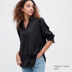 Blouse Uniqlo Satin Long-Sleeve Mujer Negras | 517062_PE