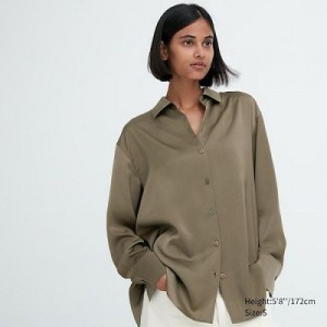 Blouse Uniqlo Satin Long-Sleeve Mujer Verde Oliva | 914836_PE