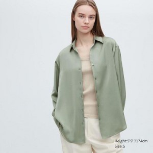 Blouse Uniqlo Satin Long-Sleeve Mujer Verde | 471285_PE