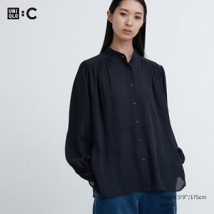 Blouse Uniqlo Volume Long-Sleeve Mujer Azul Marino | 123659_PE