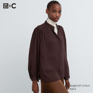 Blouse Uniqlo Volume Long-Sleeve Mujer Marrones | 814256_PE