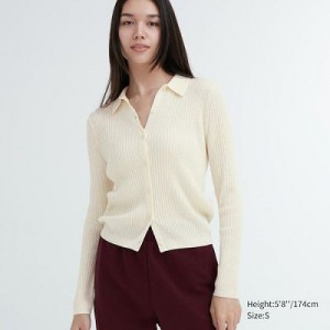 Camisa Polo Uniqlo Extra Fine Merino Acanalado Mujer Blancas | 973528_PE