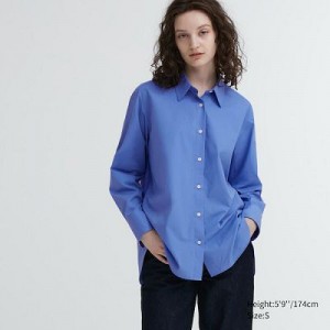 Camisas Uniqlo Cotton Long-Sleeve Mujer Azules | 968325_PE