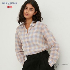 Camisas Uniqlo Cotton Sheer Checked Long-Sleeve Mujer Beige | 405916_PE