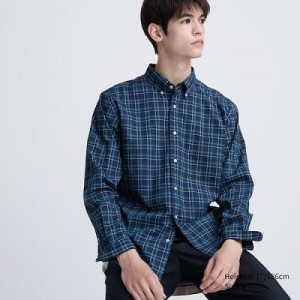 Camisas Uniqlo Extra Fine Cotton Broadcloth Checked Long-Sleeve Hombre Azules | 73685_PE