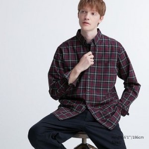 Camisas Uniqlo Extra Fine Cotton Broadcloth Checked Long-Sleeve Hombre Wine | 581324_PE