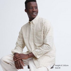 Camisas Uniqlo Extra Fine Cotton Broadcloth Checked Long-Sleeve Hombre Blancas | 457932_PE