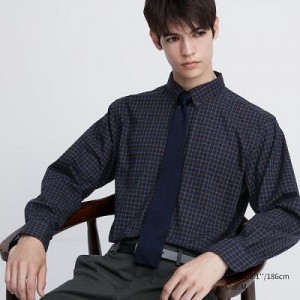 Camisas Uniqlo Extra Fine Cotton Broadcloth Checked Long-Sleeve Hombre Azul Marino | 253049_PE