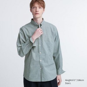 Camisas Uniqlo Extra Fine Cotton Broadcloth Checked Long-Sleeve Hombre Verde | 541203_PE