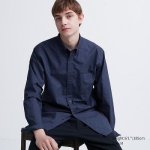 Camisas Uniqlo Extra Fine Cotton Broadcloth Dotted Long-Sleeve Hombre Azules | 348701_PE