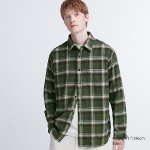 Camisas Uniqlo Flannel Checked Long-Sleeve Hombre Verde Oliva | 536987_PE