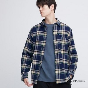 Camisas Uniqlo Flannel Checked Long-Sleeve Hombre Azules | 869043_PE