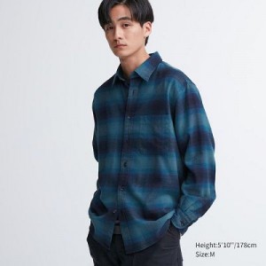 Camisas Uniqlo Flannel Checked Long-Sleeve Hombre Azules | 957148_PE