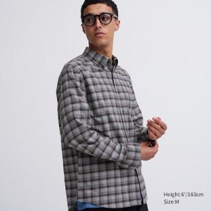 Camisas Uniqlo Flannel Checked Long-Sleeve Hombre Gris | 789043_PE