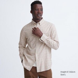 Camisas Uniqlo Flannel Checked Long-Sleeve Hombre Blancas | 734916_PE