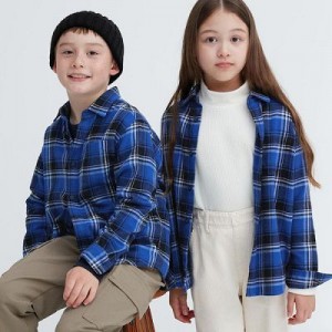 Camisas Uniqlo Flannel Checked Long-Sleeve Niños Azules | 549627_PE