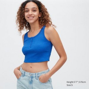 Camiseta Tirantes Uniqlo Acanalado Henley Neck Cropped Mujer Azules | 178904_PE