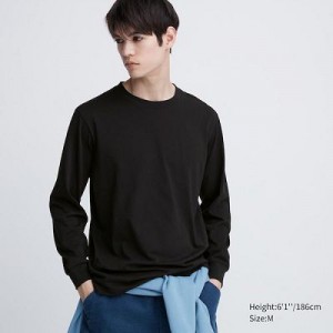 Camiseta Uniqlo AIRism Cotton UV Protection Crew Neck Long-Sleeve Hombre Negras | 253401_PE