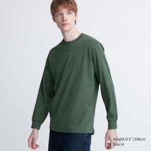 Camiseta Uniqlo AIRism Cotton UV Protection Crew Neck Long-Sleeve Hombre Verde | 642507_PE