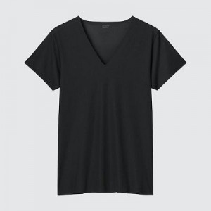 Camiseta Uniqlo AIRism Mesh Anti-Odor V-Neck Hombre Negras | 628954_PE