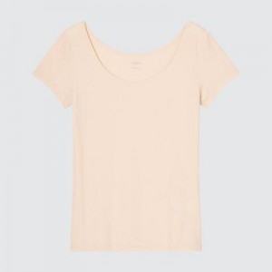 Camiseta Uniqlo AIRism Scoop Neck Short-Sleeve Mujer Beige | 578230_PE