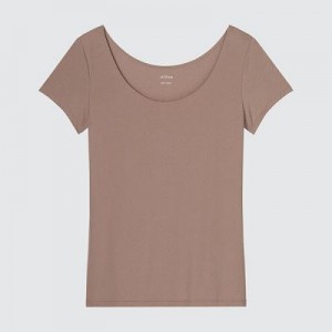 Camiseta Uniqlo AIRism Scoop Neck Short-Sleeve Mujer Marrones | 783014_PE