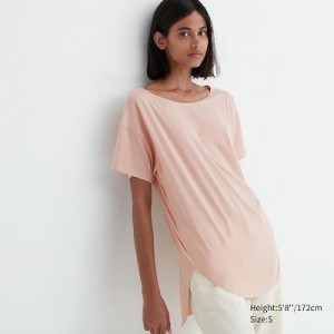 Camiseta Uniqlo AIRism Seamless Boat Neck Short-Sleeve Long Mujer Rosas | 472963_PE