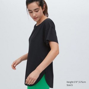 Camiseta Uniqlo AIRism Seamless Boat Neck Short-Sleeve Long Mujer Negras | 596713_PE