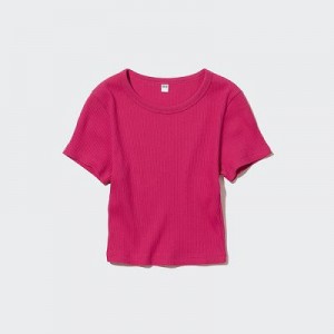 Camiseta Uniqlo Acanalado Crew Neck Short-Sleeve Cropped Mujer Rosas | 401829_PE