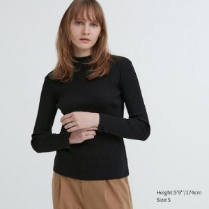 Camiseta Uniqlo Acanalado High Neck Long-Sleeve Mujer Negras | 632478_PE