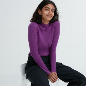 Camiseta Uniqlo Acanalado High Neck Long-Sleeve Mujer Moradas | 895401_PE