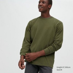 Camiseta Uniqlo Brushed Cotton Crew Neck Long-Sleeve Hombre Verde Oliva | 961028_PE