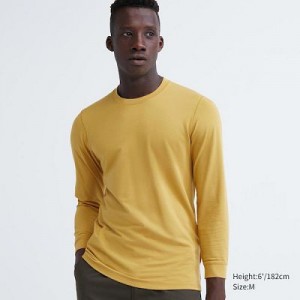 Camiseta Uniqlo HEATTECH Cotton Crew Neck Hombre Amarillo | 756194_PE