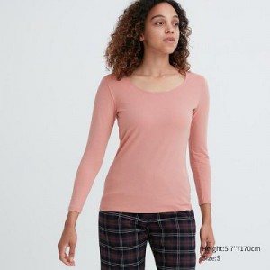 Camiseta Uniqlo HEATTECH Cotton Scoop Neck Long-Sleeve Mujer Rosas | 640871_PE