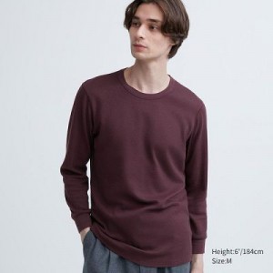 Camiseta Uniqlo HEATTECH Cotton Waffle Crew Neck Long-Sleeve Hombre Wine | 513490_PE