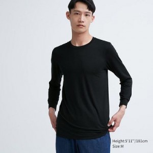 Camiseta Uniqlo HEATTECH Crew Neck Long-Sleeve Hombre Negras | 645371_PE