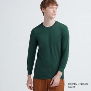 Camiseta Uniqlo HEATTECH Crew Neck Long-Sleeve Hombre Verde | 481256_PE