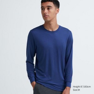 Camiseta Uniqlo HEATTECH Crew Neck Long-Sleeve Hombre Azules | 568079_PE