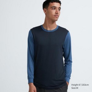 Camiseta Uniqlo HEATTECH Crew Neck Long Sleeve Hombre Azul Marino | 907651_PE