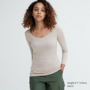 Camiseta Uniqlo HEATTECH Scoop Neck Long-Sleeve Mujer Gris | 357294_PE