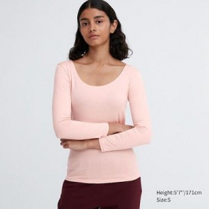 Camiseta Uniqlo HEATTECH Scoop Neck Long-Sleeve Mujer Rosas | 480591_PE