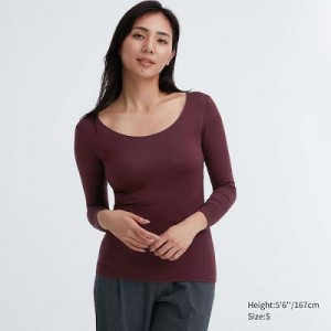 Camiseta Uniqlo HEATTECH Scoop Neck Long-Sleeve Mujer Wine | 485361_PE